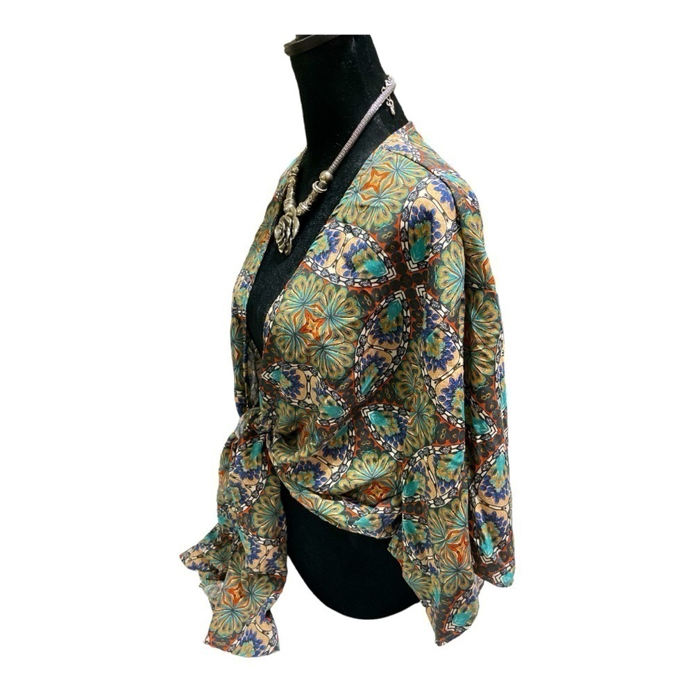 Black Bead Bohemian Kimono Sleeve Tie Waist Top M. Tie Front NWT - Picture 5 of 11